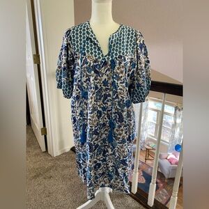 Knox Rose Blue and White Boho Dress with Puff Sleeves